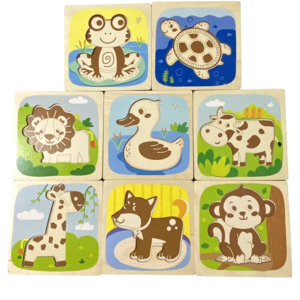 Wooden Animal Puzzle Bases Lot of 8 Frog Turtle Lion Duck Cow Giraffe Dog Monkey